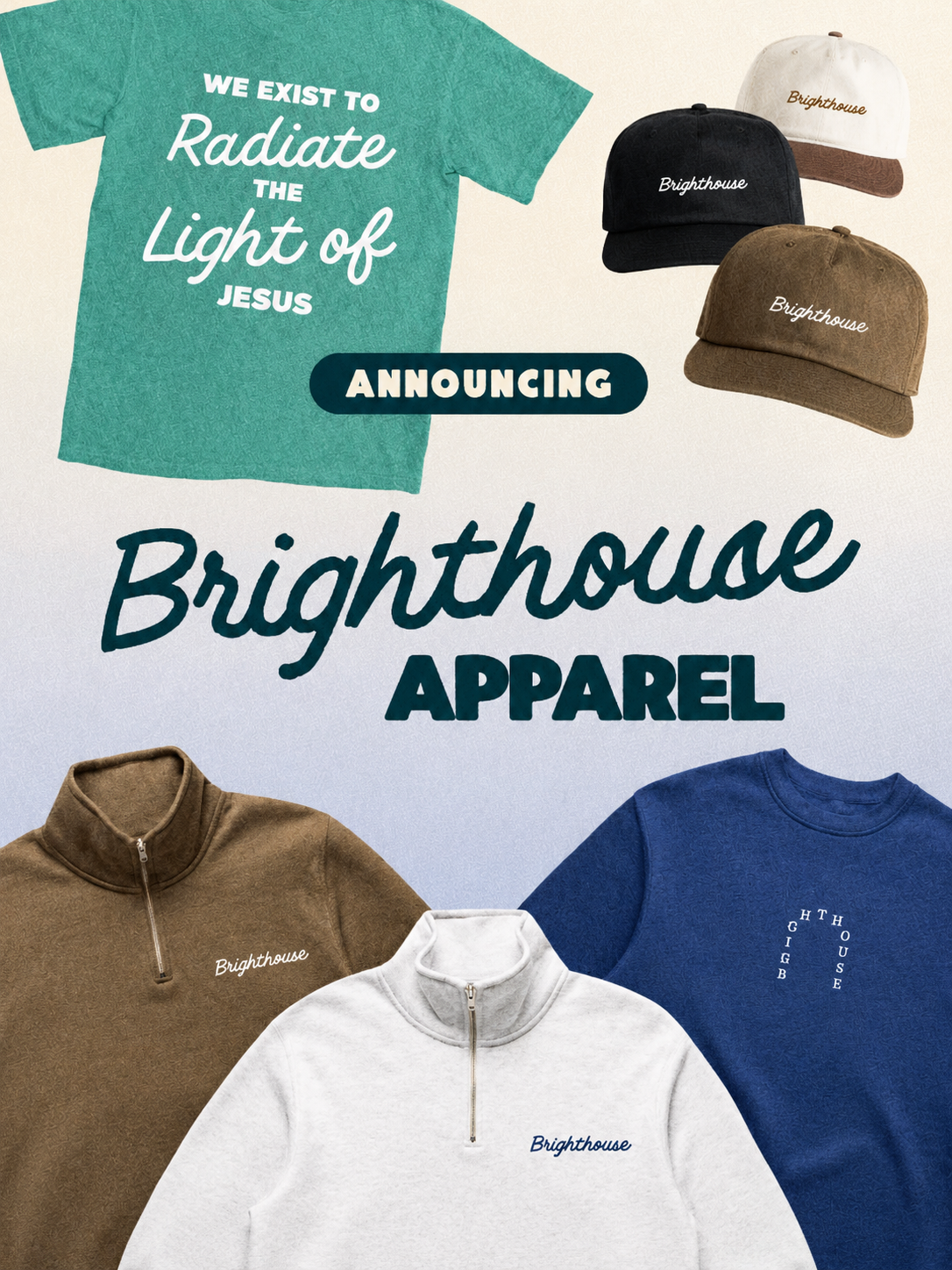 Announcement graphic for Brighthouse Apparel showing a teal tee, embroidered caps, and quarter-zip sweatshirts