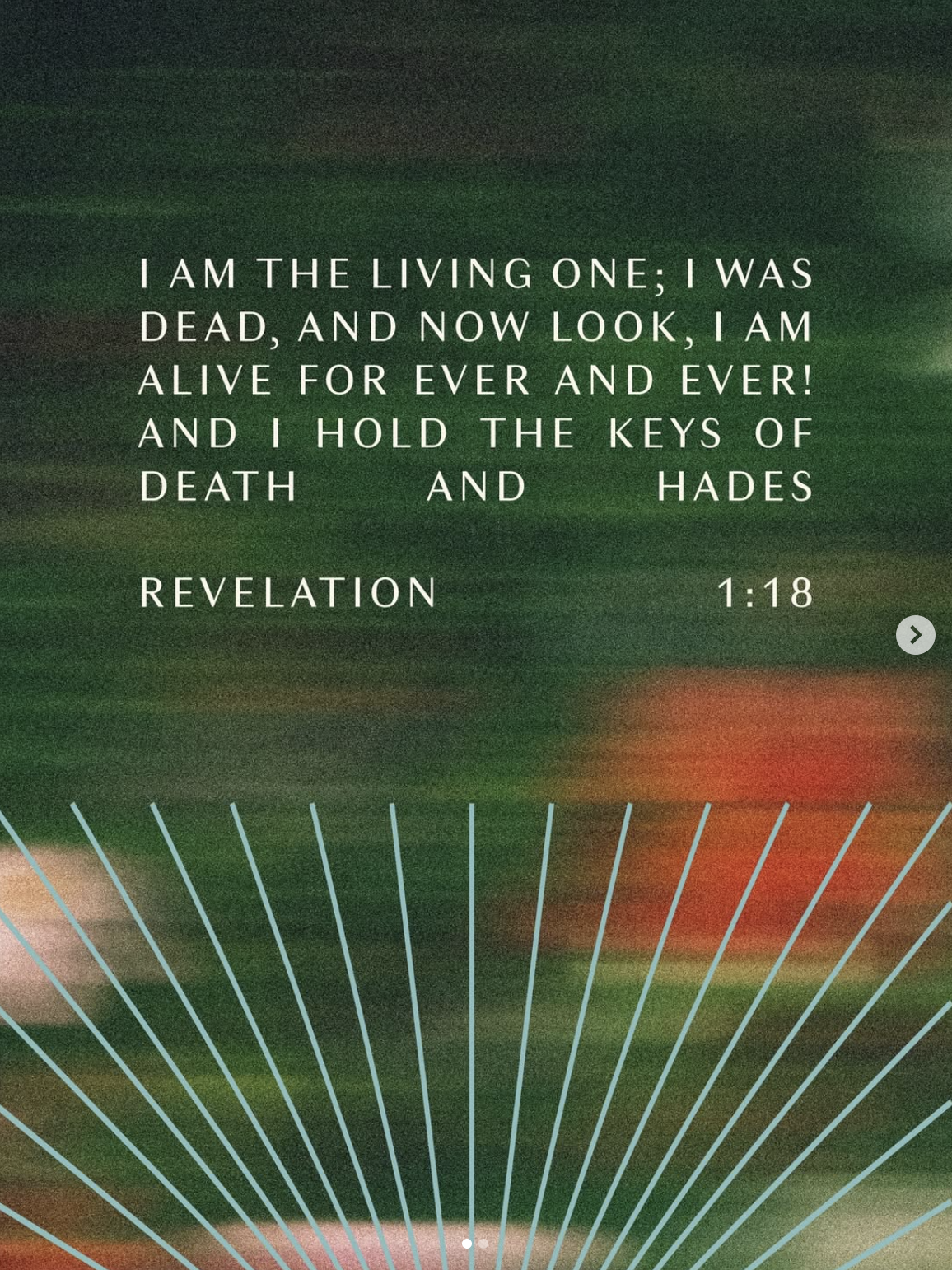 Revelation 1:18 scripture graphic in spaced capitals over a motion-blurred green background with radiating lines